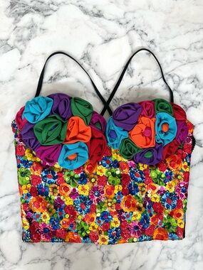 Vintage 90’s multicolored colorful floral 3D flowers bustier corset top Selena